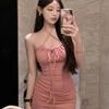 High Waist Tight Suspenders Neck Dress Women's Summer Pure Desire Pink Pumping Pleated Lace-up Spice Girl Hip Skirt Short Skirt