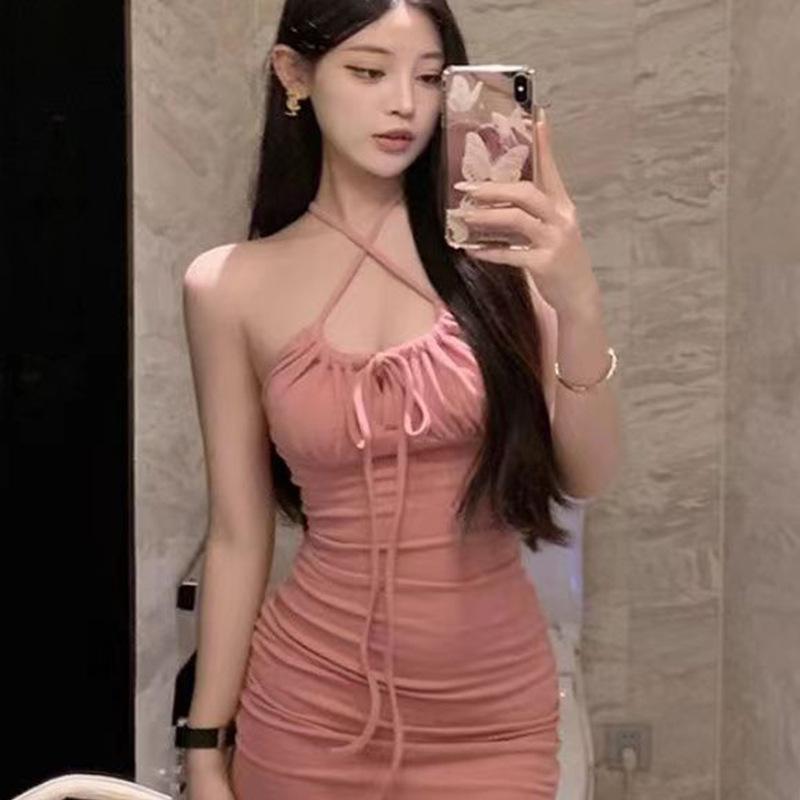 High Waist Tight Suspenders Neck Dress Women's Summer Pure Desire Pink Pumping Pleated Lace-up Spice Girl Hip Skirt Short Skirt