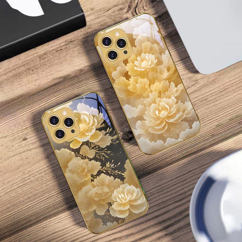 Golden Flowers And Phoenixes For IPhone 16 Pro Max 15 P Ro 14 M Ax 13 Plus 12 Mini 11 XS Max XR Golden Tempered Glass Phone Case
