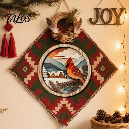 Seasonal Festive Wall Hanging Boho Wooden Decor, Christmas Winter Landscape Round Sign, Rustic Vintage Decor Aesthetic Art Ornament for Living
