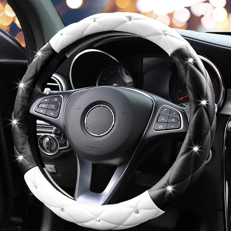 YOGURTCK Diamond Soft Leather Anti-Slip Steering Wheel Cover With Bling Bling Crystal Rhinestones, Universal 15 Inch For Women Girls, Fit Vehicles,