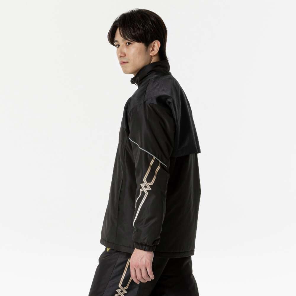 Mizuno Breath Thermo Training Warmer Jacket with and Windproof Black and Gold MC-LINE Wear, Moisture-Wicking, Heat-Generating, Water-Repellent,