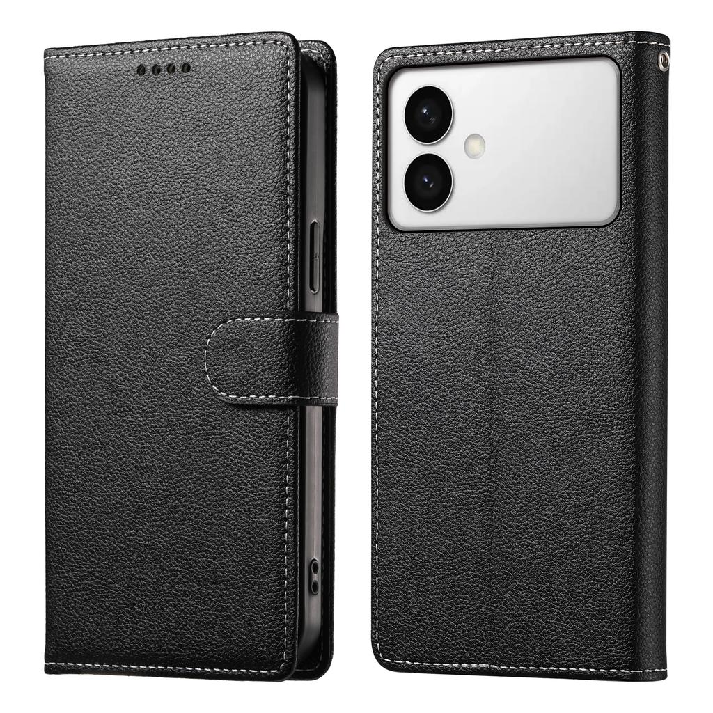 For Samsung Galaxy S26 Edge Case Magnetic Snap Litchi Texture Leather Wallet Phone Cover with Wrist Strap