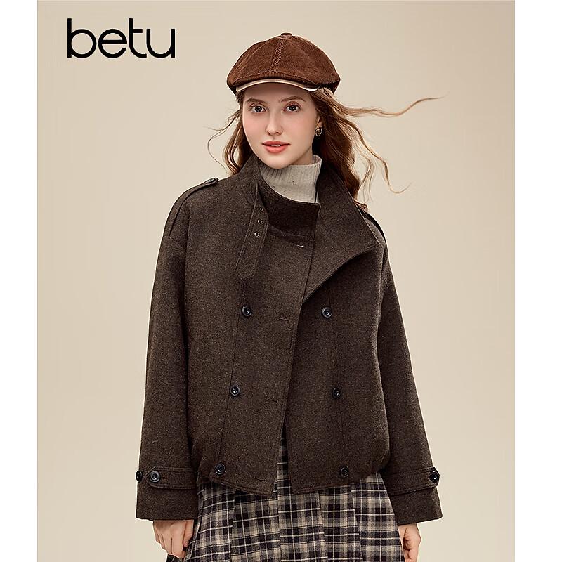 Betu Women's Winter Stand Collar Double-breasted Wool Blend Short Coat