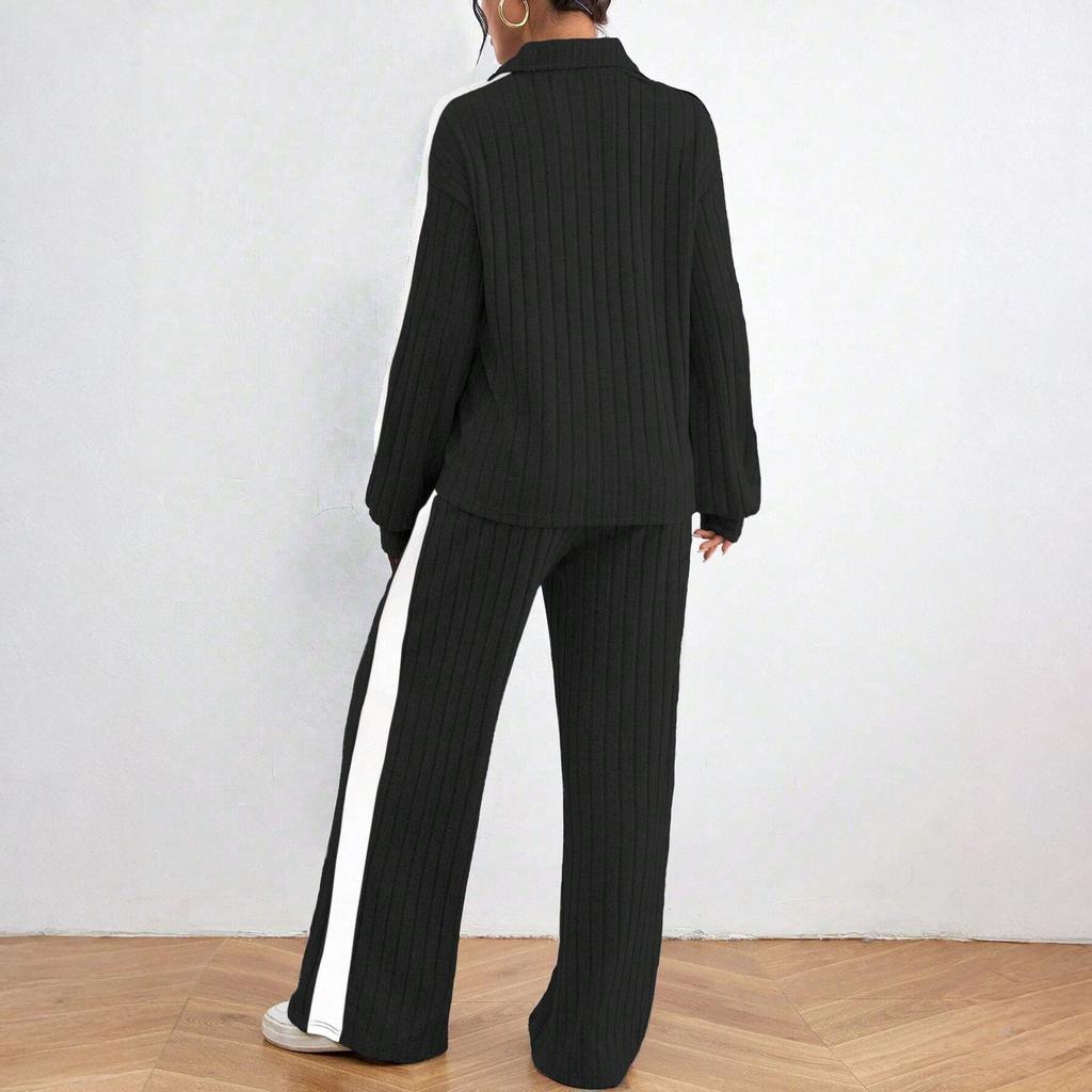 Ensemble Haut Décontracté Ample et Confortable à Capuche avec Cordon de Serrage et Fermeture Éclair Color Block pour Femme, Pantalon Couleur Unie