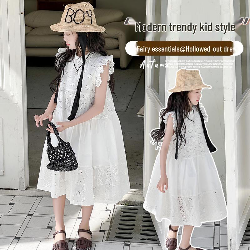 Summer 2025 Girls' Lace Princess Dress - Trendy Long Style for Big Children