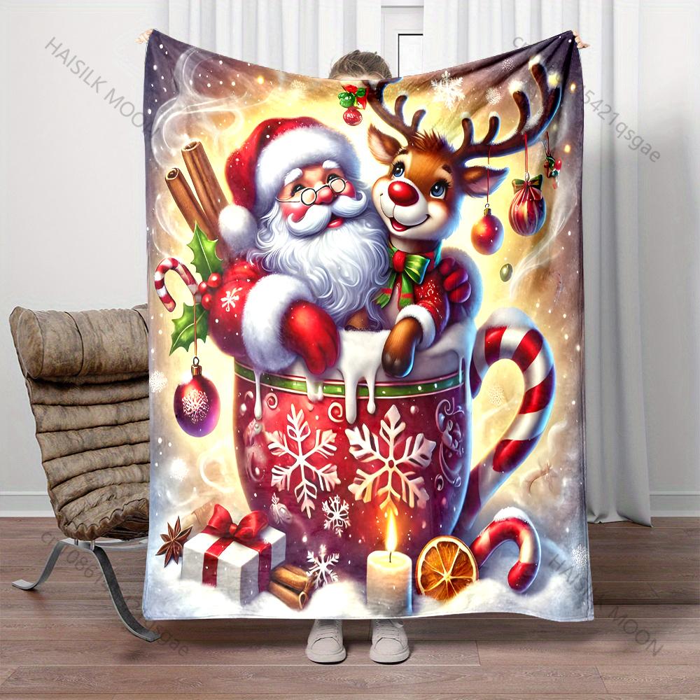 1PC Santa and Reindeer In Cup Pattern Blanket Flannel Material Soft Warm for All Seasons,For Home Outdoor Camping Picnics RV