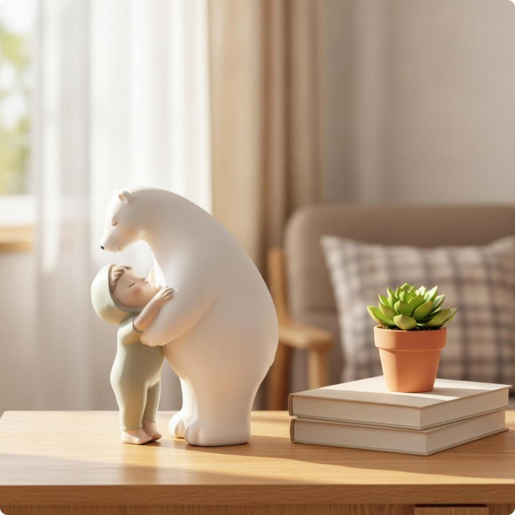 Bear Statue with Child White Snowy Figurine Mother Resin for Art Lovers, Collectors,