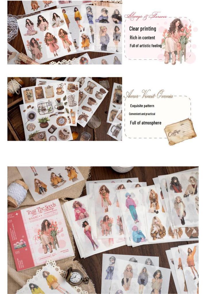 Retro Scenery Die-cut Sticker Book: Washi Paper with Houses, Forests & Coffee Themes