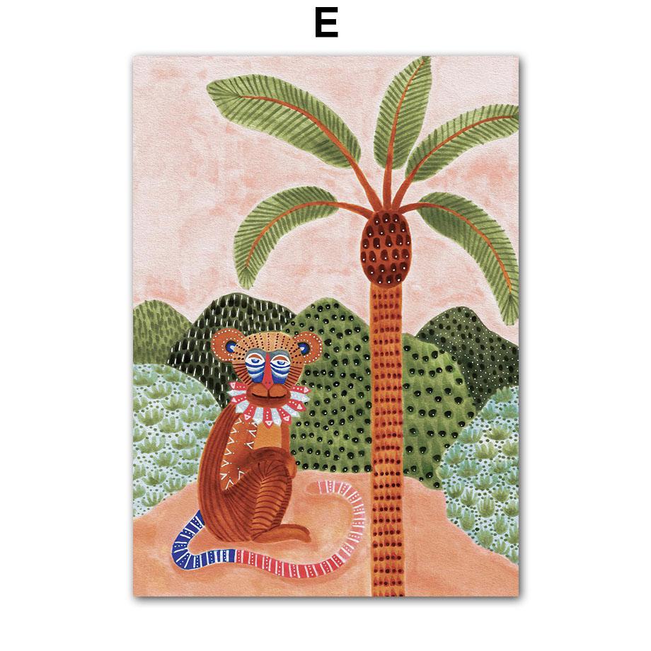 Tropical Jungle Animal Tree Giraffe Elephant Lion Boho Posters And Prints Wall Art Canvas Painting Picture for Living Room Decor