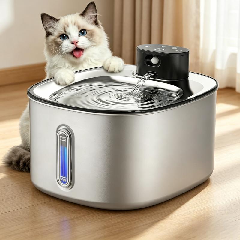 Fontanella per Acqua per Animali Domestici Quadrata in Acciaio Inossidabile da 4L - Silenziosa, Senza Fili, Lunga Durata della Batteria per Gatti e Cani
