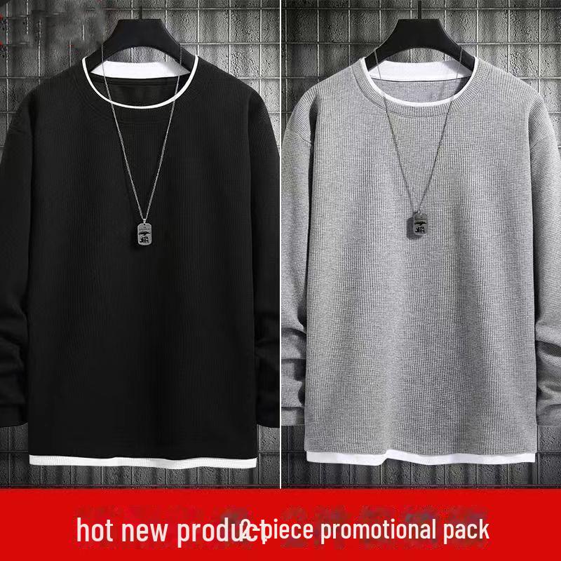 Unisex Fake Two-Piece Waffle Long-Sleeve Sweatshirt - Loose Round Neck, Solid Color, Large Size for Spring & Autumn