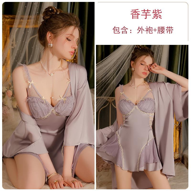 Satin mesh side seduction straps deep V plus chest pad nightdress robe women's loungewear set
