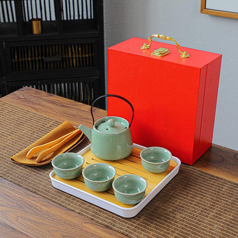 Travel Portable Kung Fu Tea Set Gift Tea One Pot Four Cups Tea Tray Office Porcelain Carving