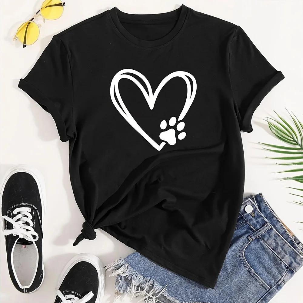 

Summer Womens Tshirt Heart and Dog Footprint Printed Soft and Elastic Casual Shirt Street Fashion Clothing Aesthetic Clothes S