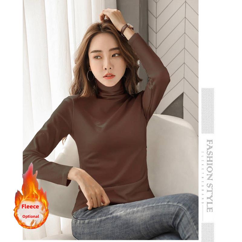 Plus Velvet Slim High Collar Long Sleeve T-Shirt - Women's Autumn/Winter Versatile Solid Color Slim Fit Top.