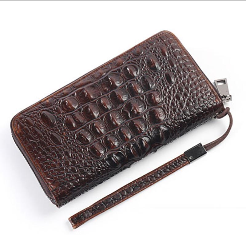 Herren Geldbörse Lang Reißverschluss Handtasche Echtes Leder Geprägtes Krokodilmuster Silberne Tasche Rindsleder Business Herren Handtasche