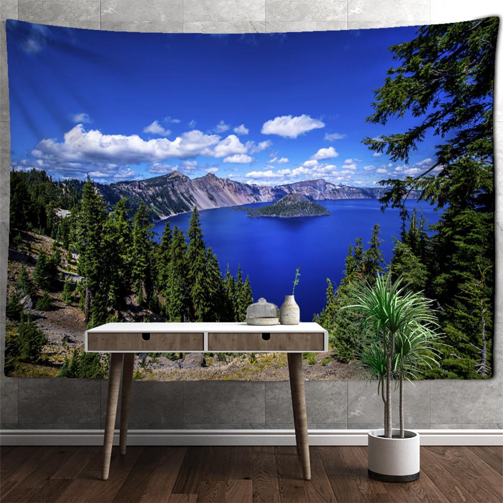 Tapiz de pared con vista a la montaña y al río, paisaje natural, bohemio, hippie, decoración de pared para dormitorio y sala de estar