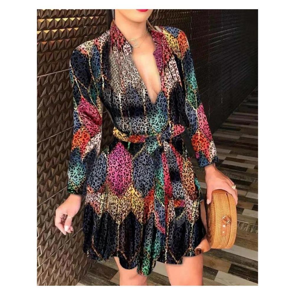 Summer New Women's Long Sleeve V-Neck Tied Fashionable Sexy Printed Dress