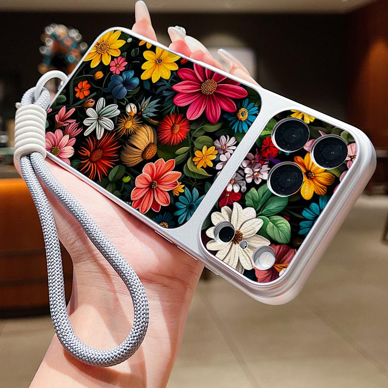 Colorful Flowers Pattern Leather Lanyard Case For iPhone 18 Pro Max 17 16 15 14 13 Pro Max Luxury Hybrid TPU+PU Anti-skid Soft Phone Cover