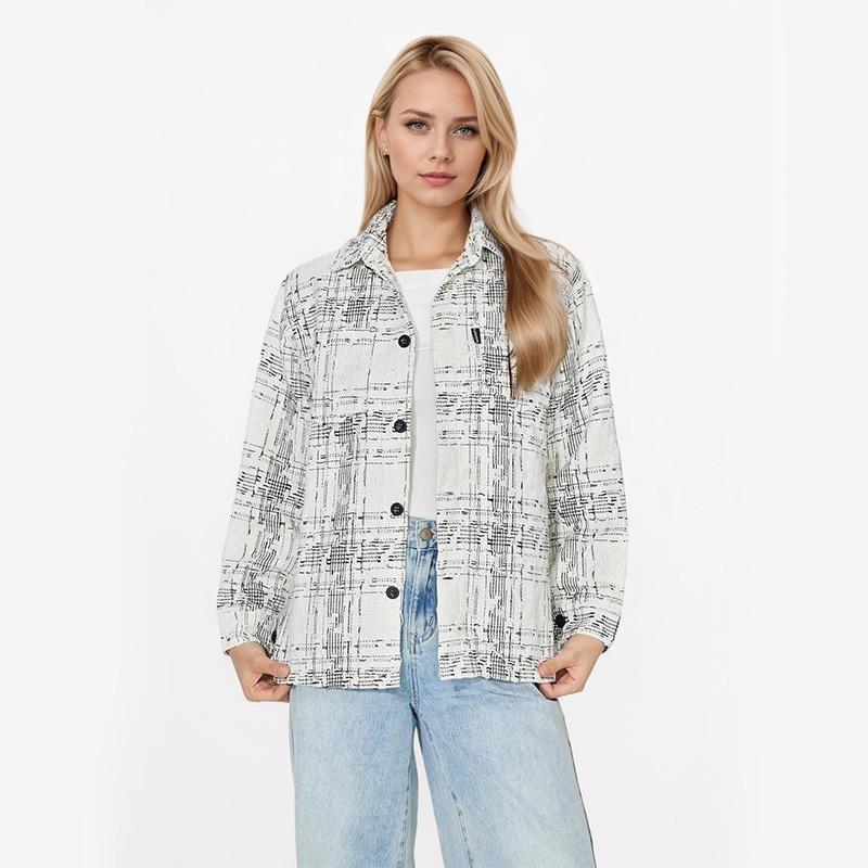 

Женский повседневный твидовый пиджак с длинными рукавами и клетчатым принтом XL белый