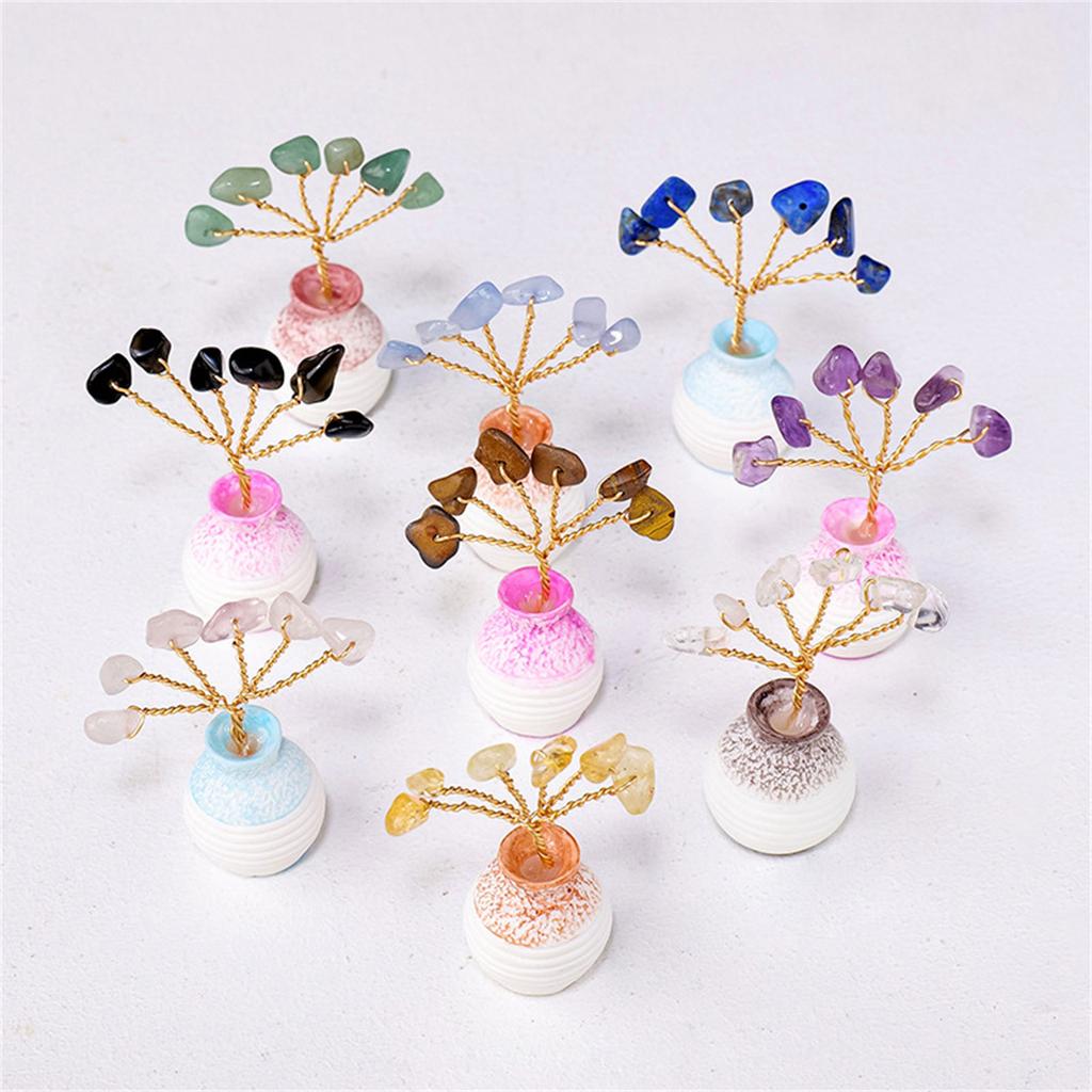 Crystal Feng Shui Money Trees Ornaments Mini Healing Gemstones Bonsai Tree Figurines W/ Ceramic Vase Office Home Decor