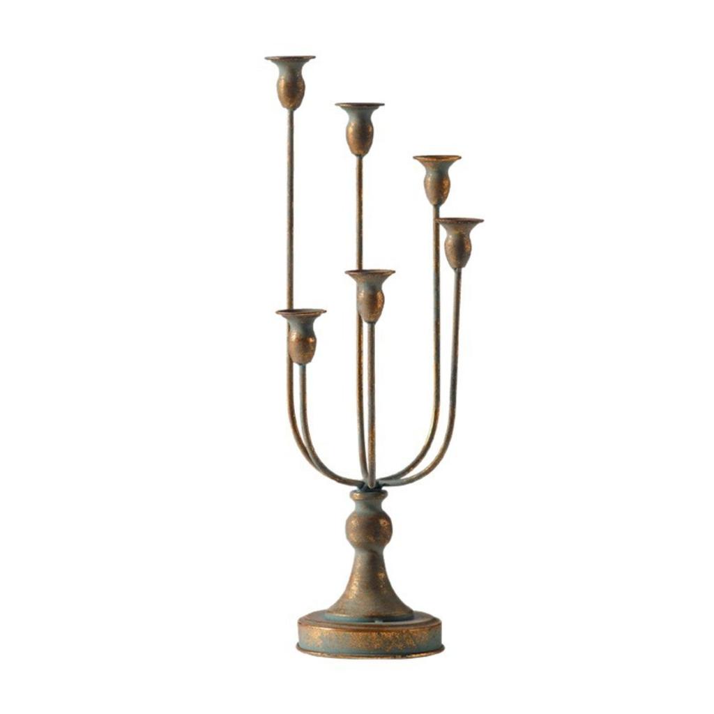 6 Arm Candelabra Worn Finish Tabletop Bronze Toned Iron Candle Stand