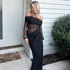 Shemoda Fashion Ins Style Sexy off-the-Shoulder off-Neck Mesh Patchwork Waist-Slimming Cut Out Long Sleeves Dress Women's Clothing
