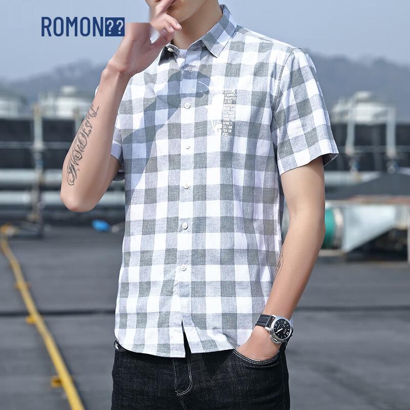 ROMON Men s Slim-Fit Plaid Short Sleeve Shirt L