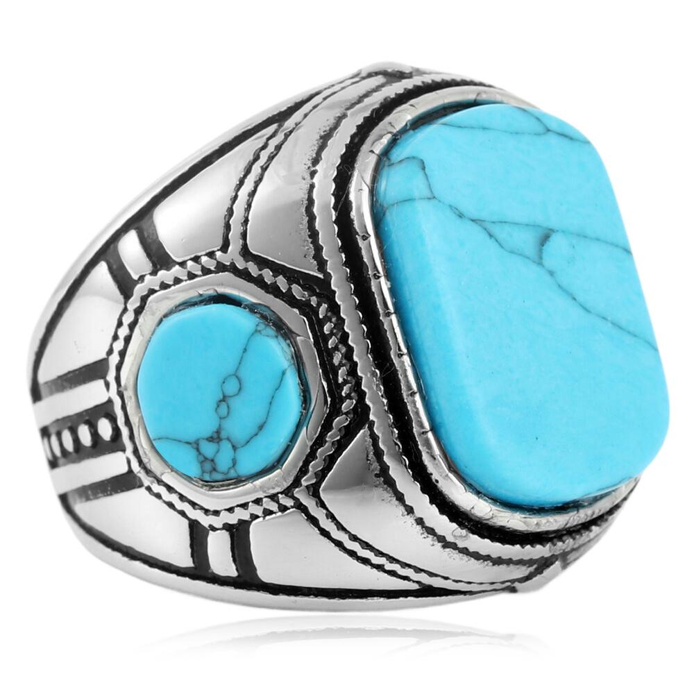 2026 Turquoise Pattern European and American Turquoise Men's Ring Trendy Personality Retro Court Couple Ring