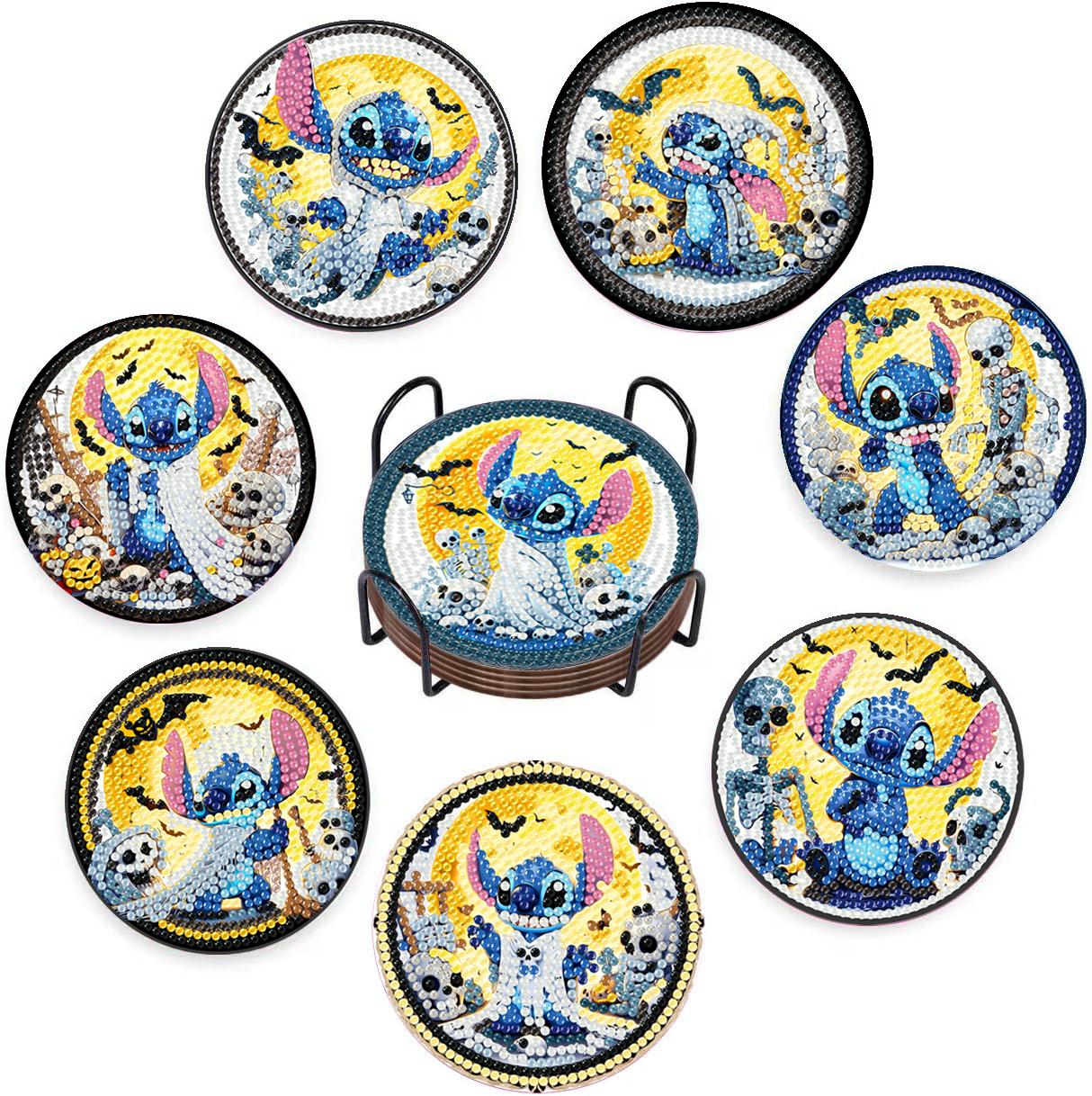 

8-piece Set of DIY Diamond Painted Coasters with Stitch Ghost Pattern and Complimentary Cup Holder
