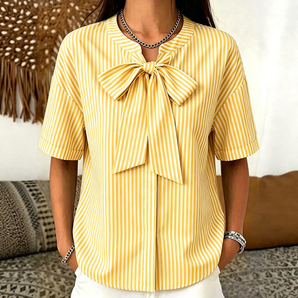 Women Loose Fit Striped Short Sleeve Blouse with Bow Tie Front Casual Relaxed Fit Top for Everyday Wear Office Work