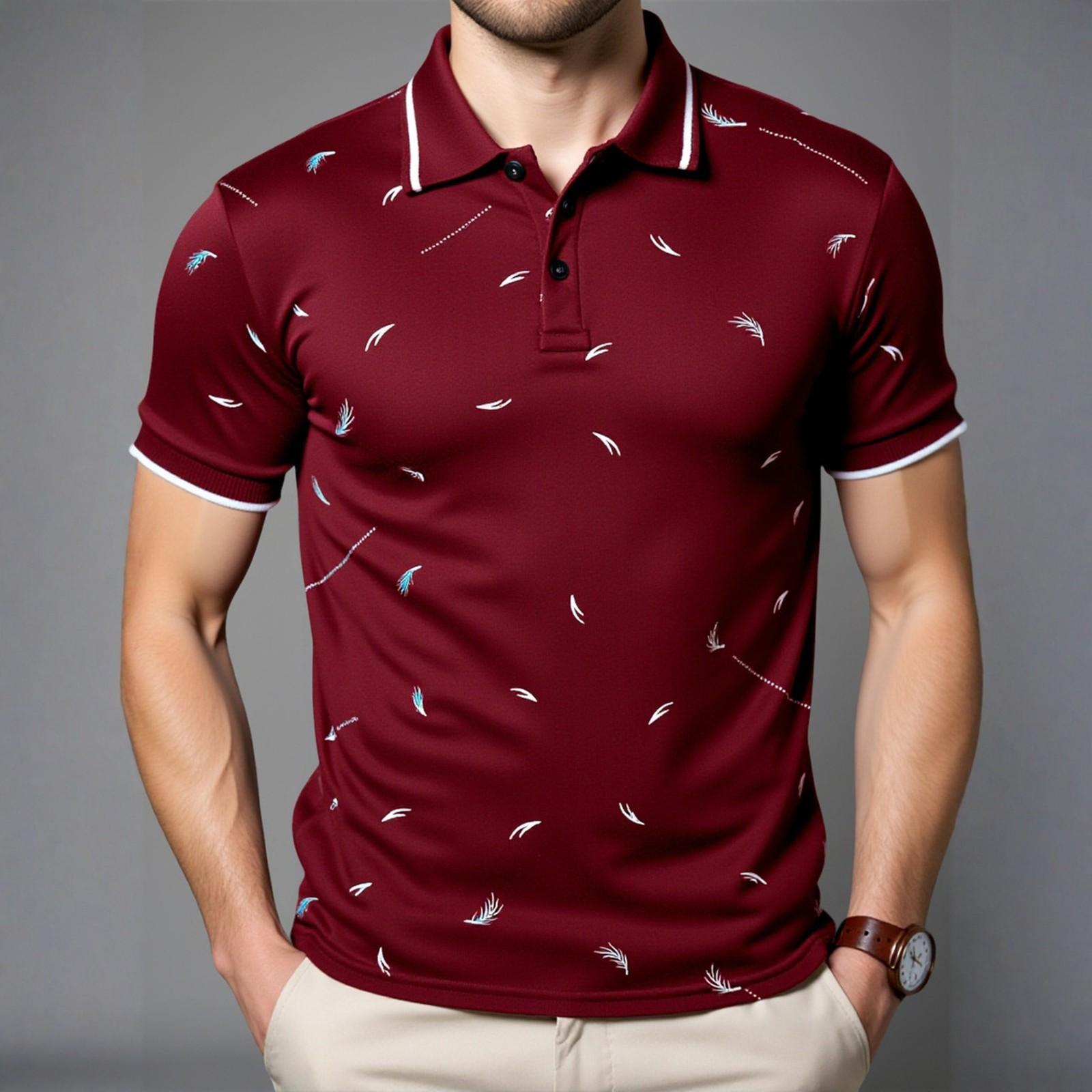 

Мужская летняя деловая рубашка с лацканами и принтом перьев, большого размера, модная повседневная футболка для мужчин XL винный