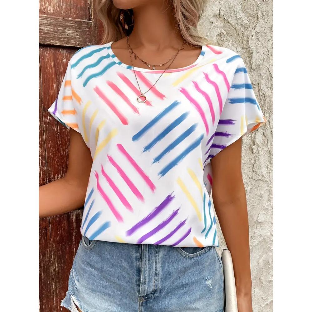 Summer Vintage Women's T-Shirt Short Sleeve Line Print Caual Crew-Neck Pullover Fashion Streetshirt Female Oversized Clothing