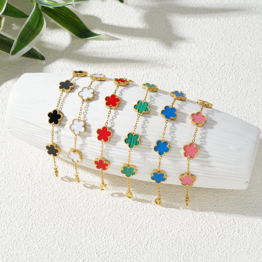 18K Gold-Plated Stainless Steel Five-Leaf Clover Bracelet with Mother-of-Pearl for Women