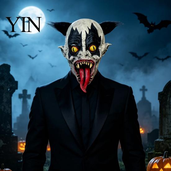 Evil Character Cosplay Headgear Halloween Horror Clown Mask with Long Tongue, Latex Scary Breathable Masquerade Gear Creepy Costume Prop for Parties,