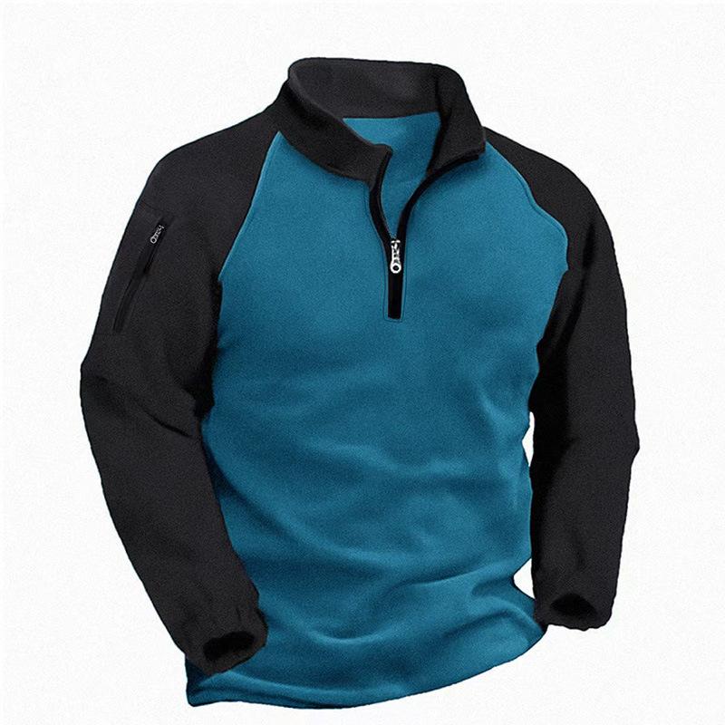 Tactical Fleece Jacket for Men Warm Stand-Up Collar Pullover Two-Tone Zip-Up Sweatshirt Outerwear