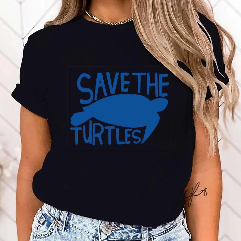 (Premium T-shirt)New Protect The Ocean Save A Turtle Graphic Print T-Shirt Women Fashion Round Neck Loose Tee Shirt Tops