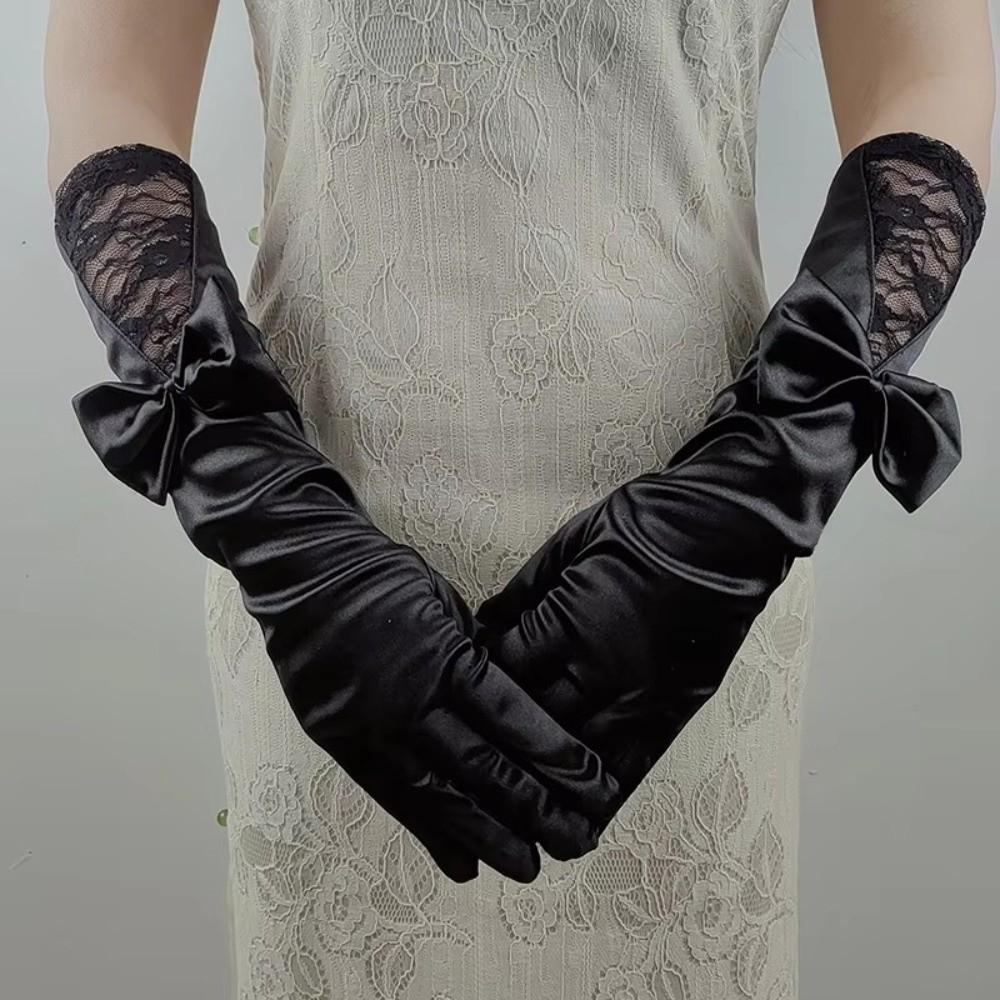 Bowknot Satin Bride Gloves Long Sleeves Etiquette Gloves Wedding Dress Accessories