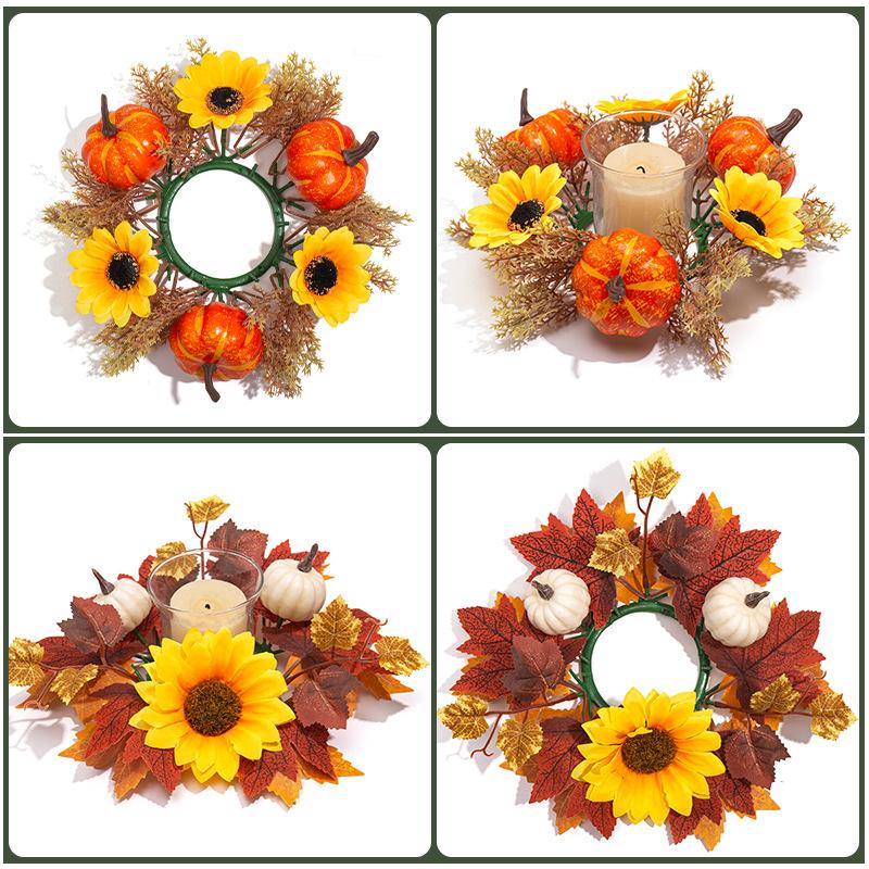 3PCS Harvest Festival Artificial Maple Leaf Candlestick Wreath, Candle Wreath, Photography Props, Home Decor, Party Decorations