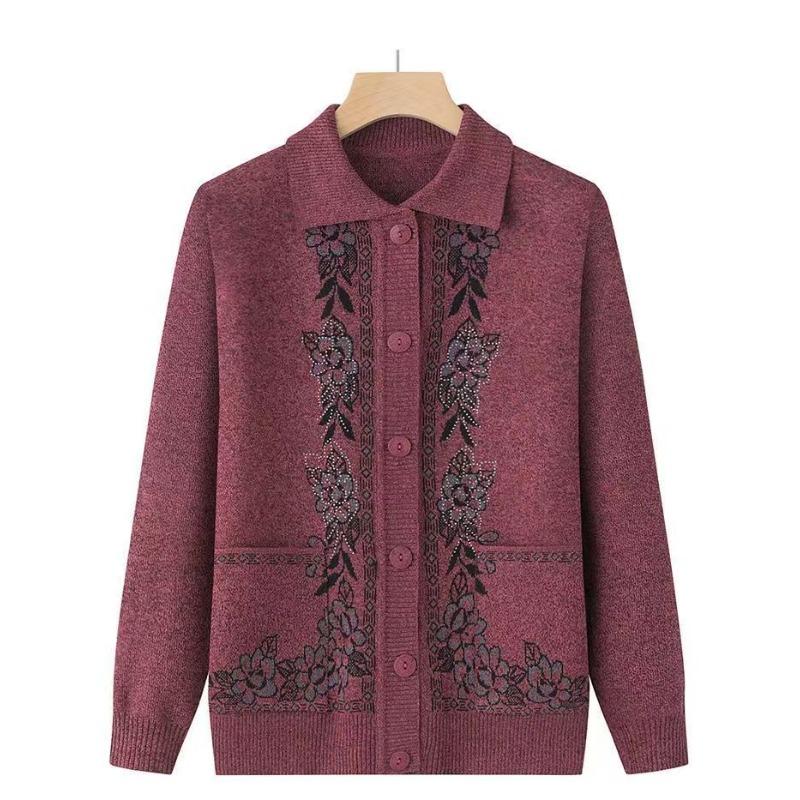 Babiččin pletený klopový všestranný kardiganový svetr kabát pro lidi středního věku a starší jarní podzimní oblečení pro maminku starou paní top