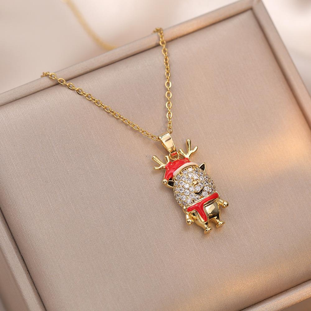 Women's Necklace: European and American Copper Inlaid Zircon, Gold-Plated with Christmas Snowman and Reindeer Antler Design.