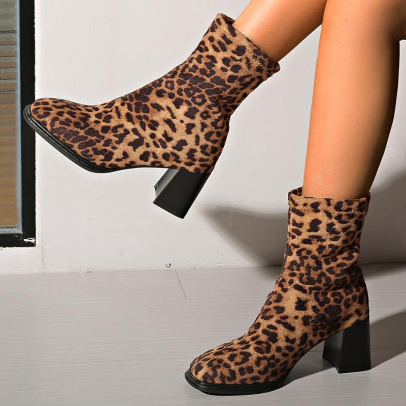 Λεοπάρ Γυναικείες Μποτάκια Χιονιού Μάρκας Ψηλά Τακούνια Σουέντ Τετράγωνη Μύτη Παπούτσια Χειμώνας 2025 Τάση Κομψές Γόβες Παπούτσια Γραφείου Botas Mujer