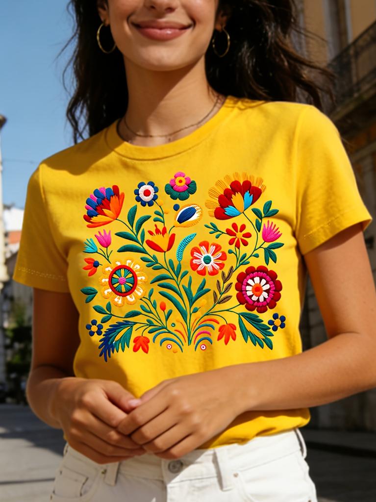 Mexican Embroidery Floral Women's Tee - Vibrant Folk Art Graphic, Casual Black Top