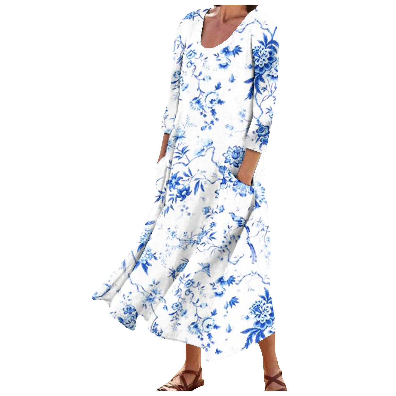 

Женское модное повседневное свободное карманное платье с круглым вырезом и рукавами 3/4 L синий