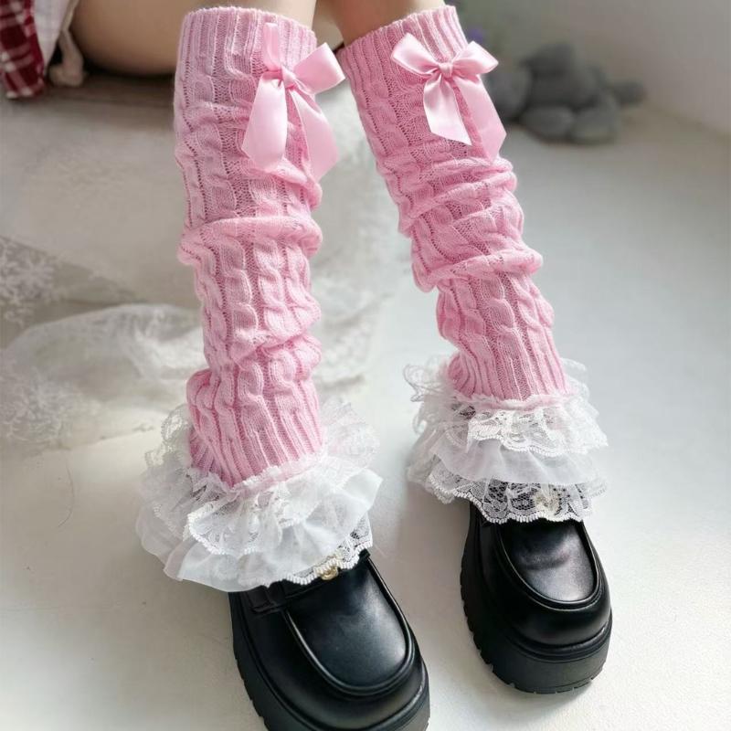 Cable Knit Leg Warmers Boot Cuffs with Bowknot Decorated Sweet Tiered Ruffled Lace Trim Leg Covers Calf Socks for Women