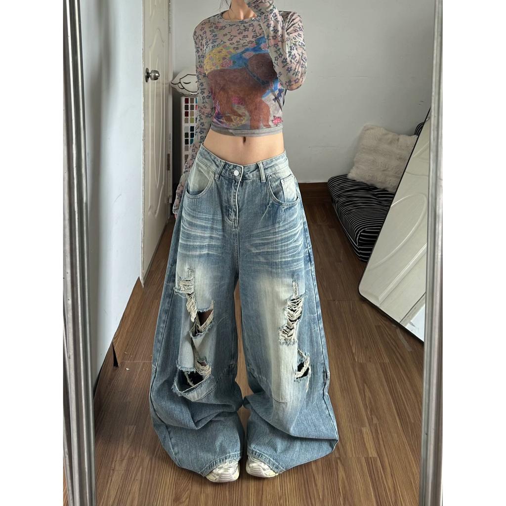 American retro washed ripped machete jeans pants men's and women's summer new loose wide-leg floor pants