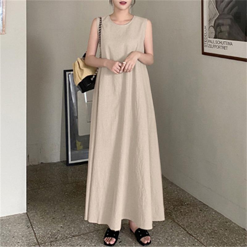 Summer Spaghetti Strap Cotton Linen Maxi Dress with Pockets - Sleeveless, Loose Fit, Round Neck for Women