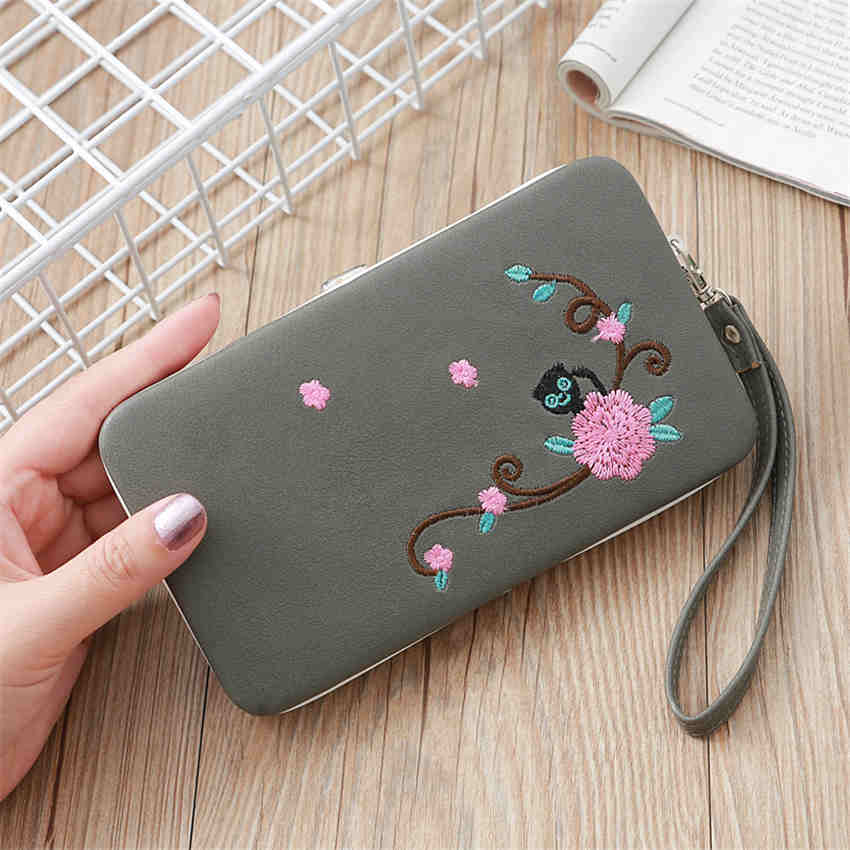 Fashion Females Flower Embroidery Long Wallet Ladies Wallet Women Cell Phone Bag