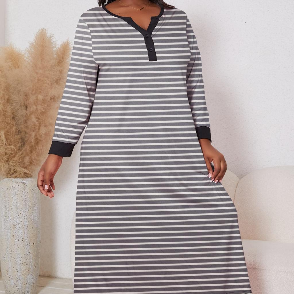 Jaro podzim Nadměrná velikost XL-5XL šedý pruhovaný potisk dlouhý rukáv Dámská noční košile Sexy V výstřih nadměrné velikosti Spací oděv Dámské noční prádlo Domácí oděv